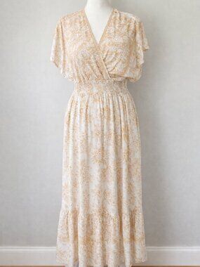 Label of Love Floral Midi Dress Small Cream Beige Boho Smocked Waist